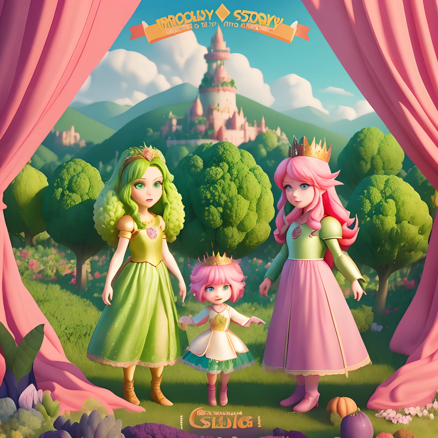 The poster for the movie "Brocoli story", animated film. Disney pixar poster movie. Main character is green hair princess with gold crown and green princess dress in the center of the poster. Pink hair fairy with pink wings. Bald evil King wearing red royal clothes. Background is landscape with lots of vegetables and fruits.
