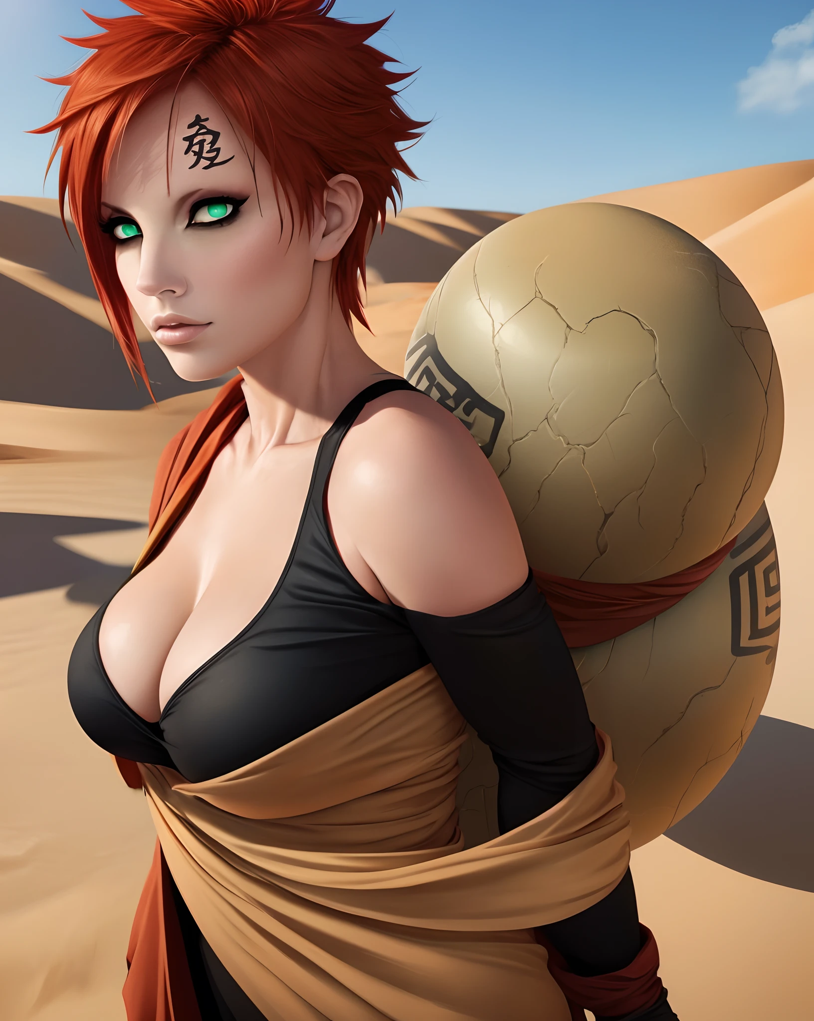 upper body shot, female Gaara from Naruto, (best quality, highres, realistic:1.37), big breasts, curvaceous but slender body, ultra-detailed, vivid colors, sand manipulation abilities, red hair, intense green eyes, intricate facial tattoos, fierce expression, black clothing with white symbol, floating sand particles surrounding her, desert background, portrait, anime style, warm color tone, soft side lighting highlighting her features, ample headroom, dynamic pose