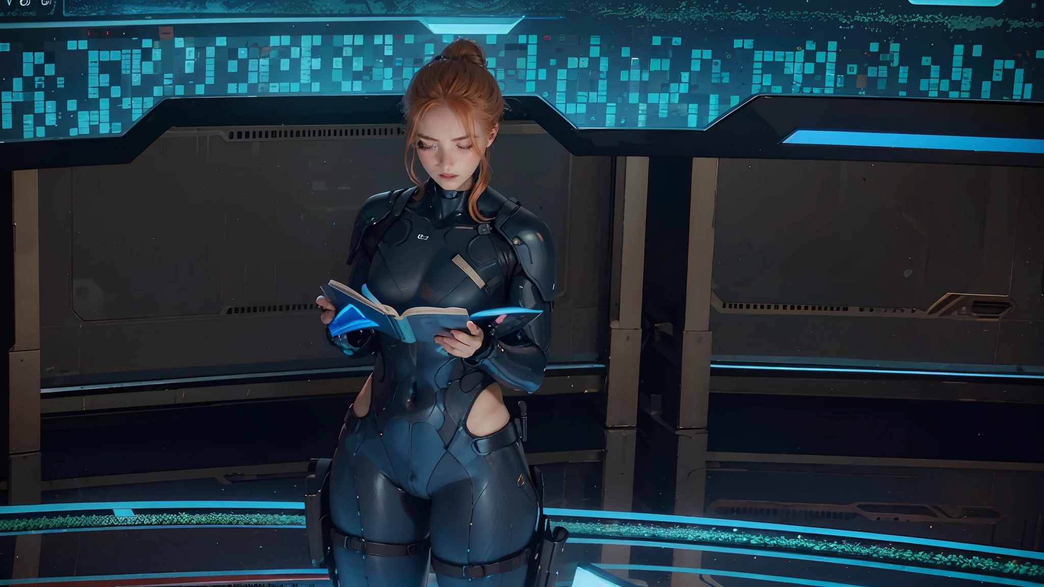 (realistic:1.4), strawberry blonde hair, reading book, standing, futuristic, solo, hair bun, brown eyes, holographic screen, blue bodysuit, tactical gear.