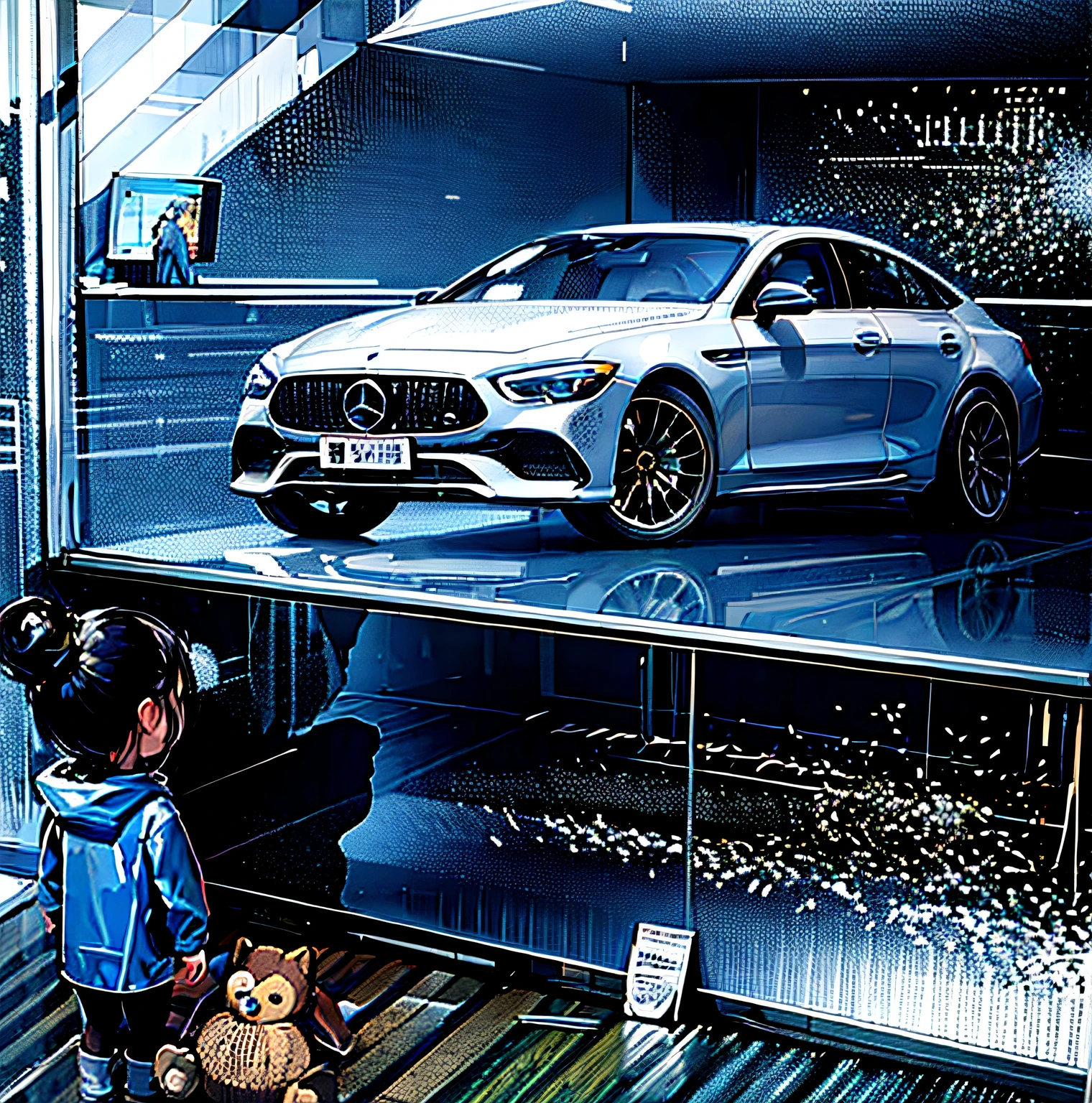 A *********** in a blue raincoat looks at the new Mercedes GT in a shop window，Teddy bear in hand，8K，4K