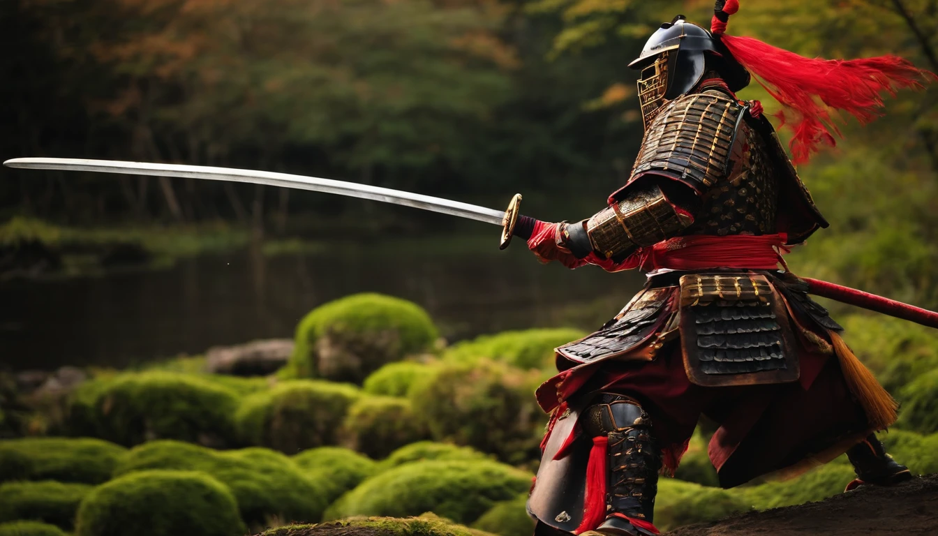 a strong but hurt samurai in full japanese armor