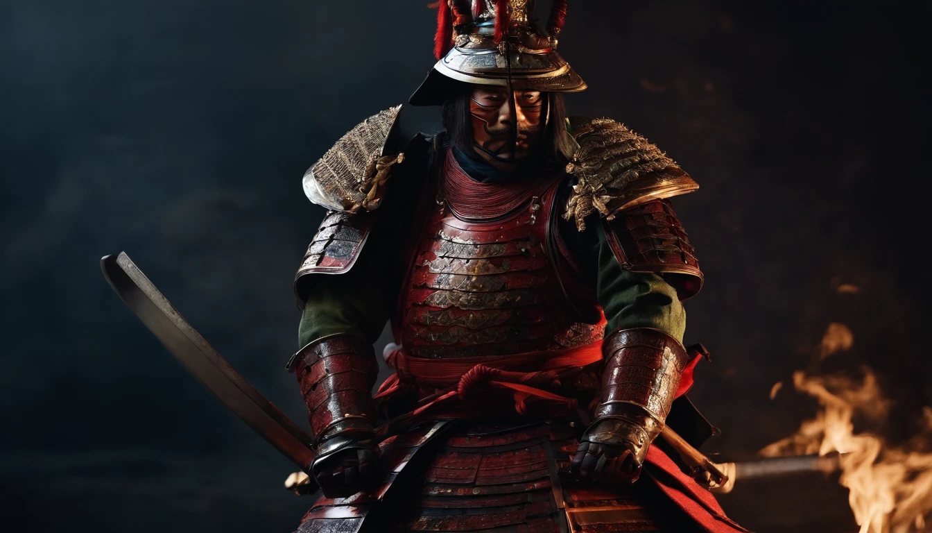 a strong but hurt samurai in full japanese armor