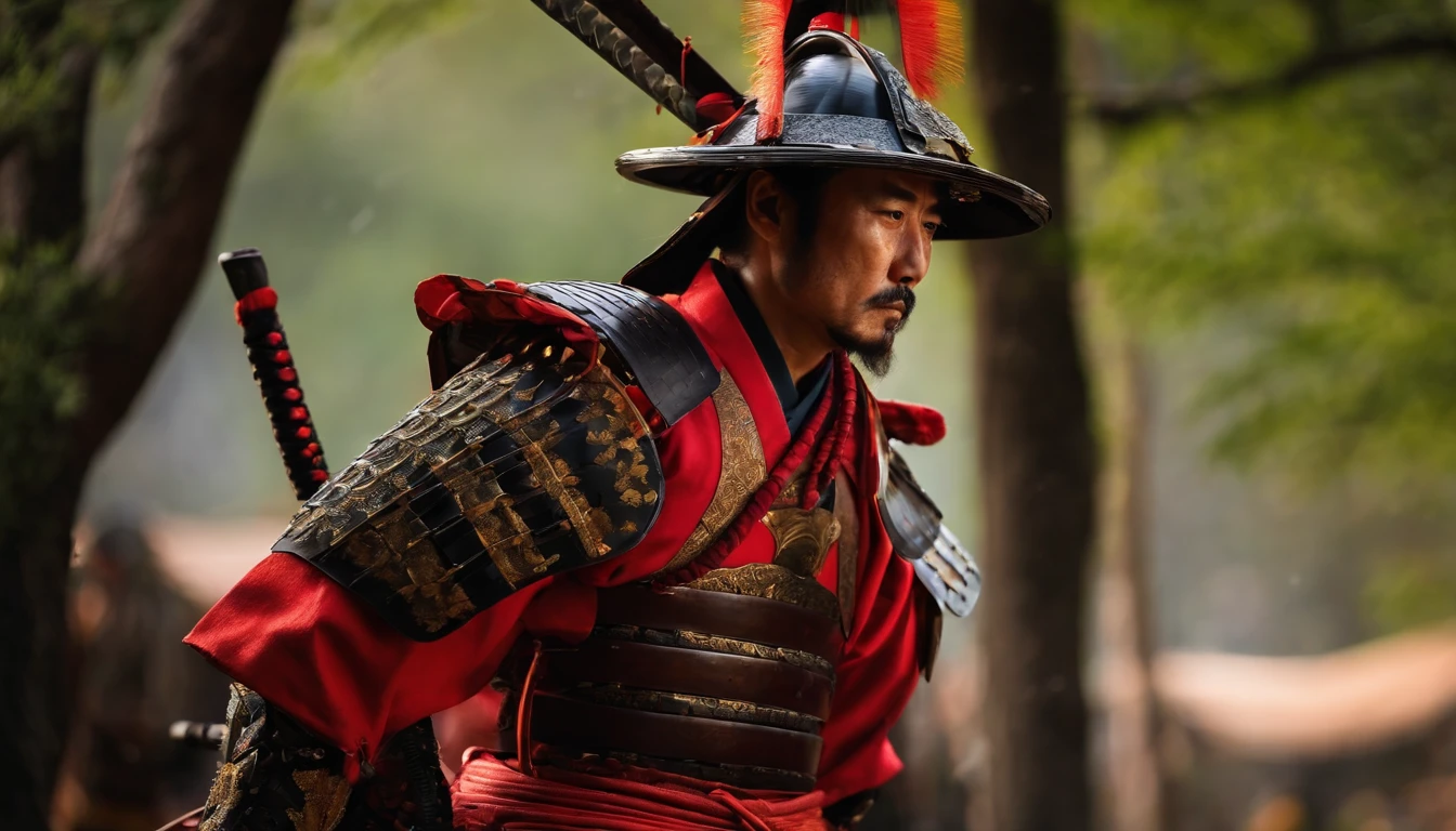 a strong but hurt samurai in full japanese armor
