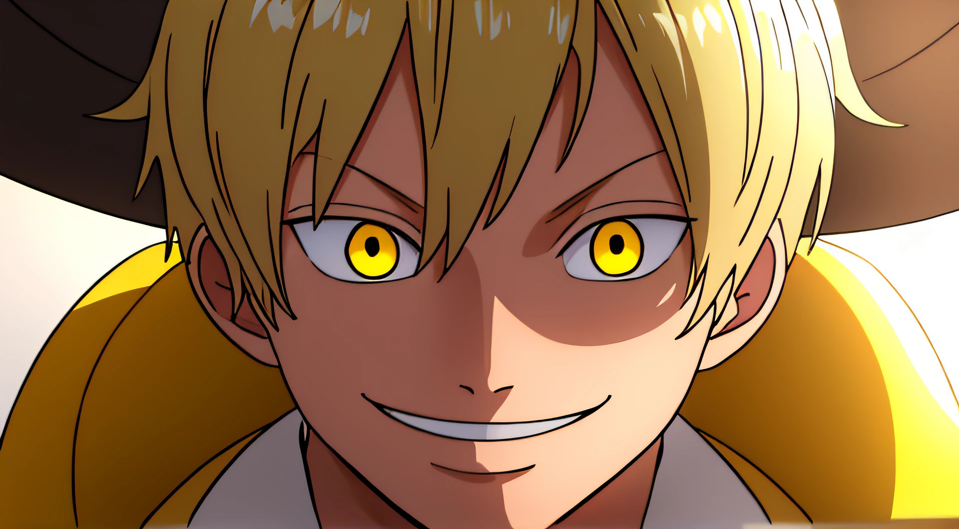 1boy, wanostyle, smiling, looking at viewer, solo, upper body, ((masterpiece)), (best quality), (extremely detailed), depth of field, sketch, sharp focus, soft lighting, hdr, colorful, good composition, sunny background, spectacular, white scientist coat, anime screencap, blonde hair, ready to fight, yellow eyes, young, detailed eyes, black outfit, short hair