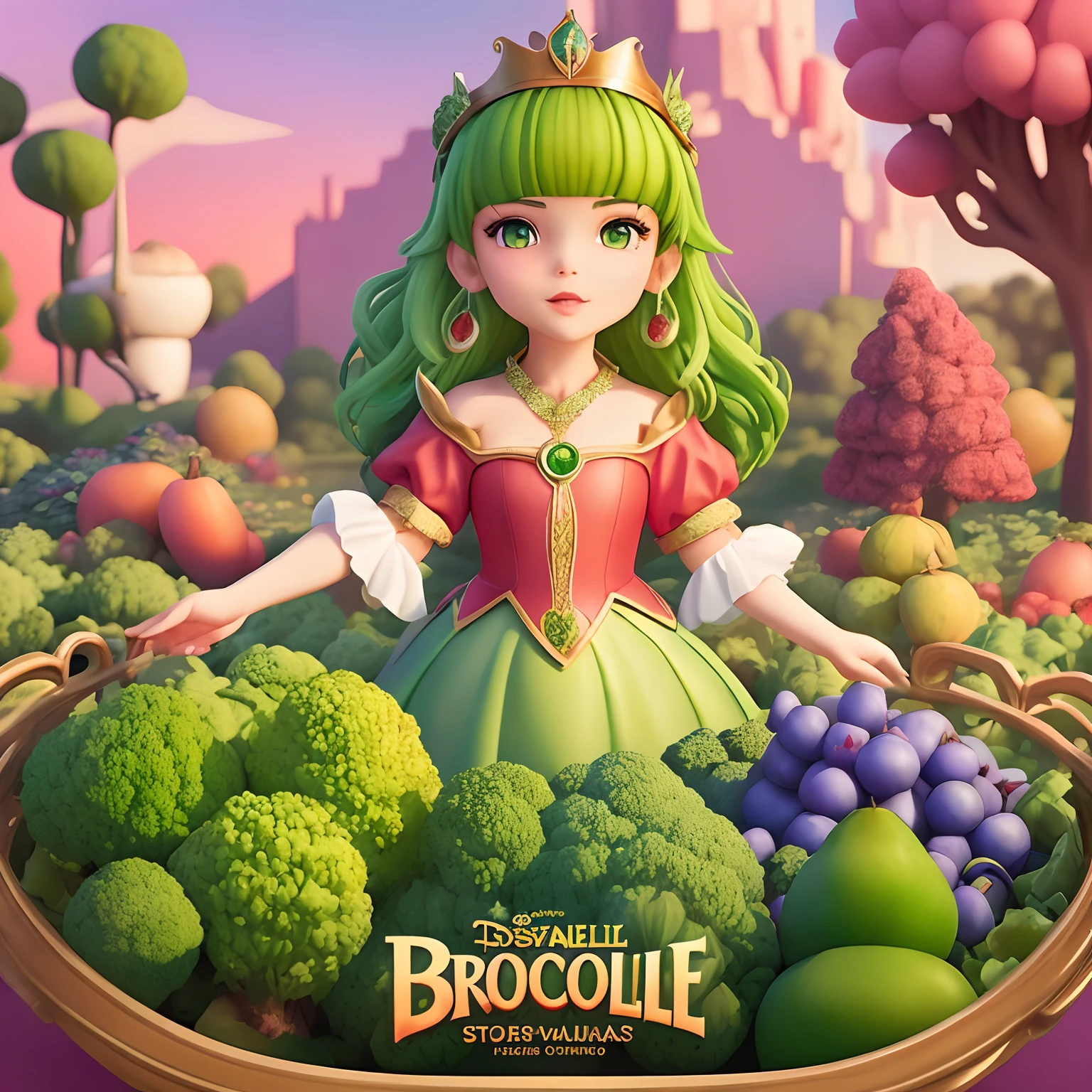 The poster for the movie "Brocoli story", animated film. Disney pixar poster movie. Main character is green hair princess with gold crown and green princess dress in the center of the poster. Pink hair fairy with pink wings. Bald evil King wearing red royal clothes. Background is landscape with lots of vegetables and fruits.