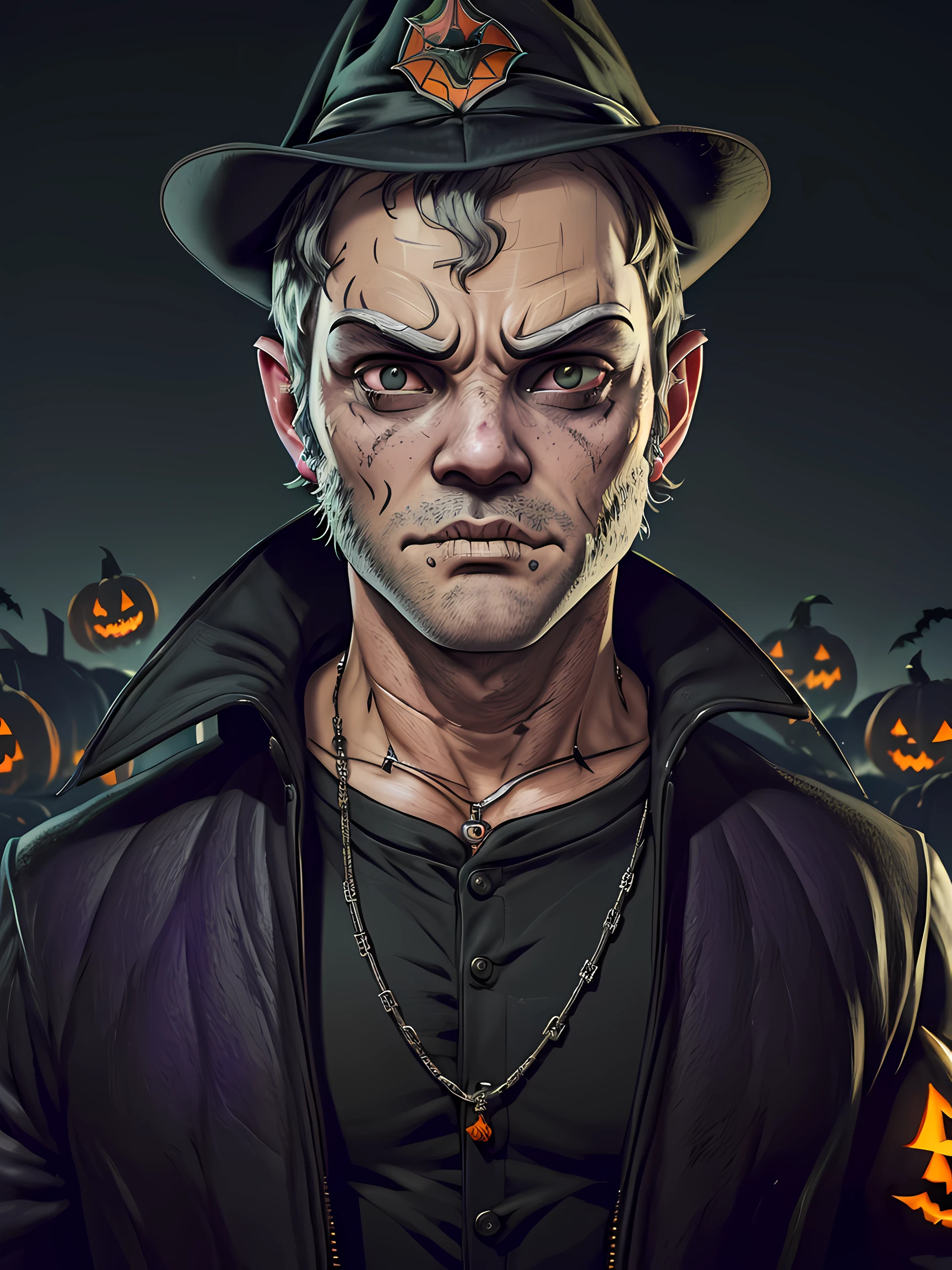 (((Michael De Santa, personagem de GTA V usando fantasia de  Halloween))), ambiente escuro sombrio de terror, efeitos de Halloween, Halloween themed background, Autoretrato do rosto, (fotorrealista:1.5), (Foto RAW, 8k UHD)
