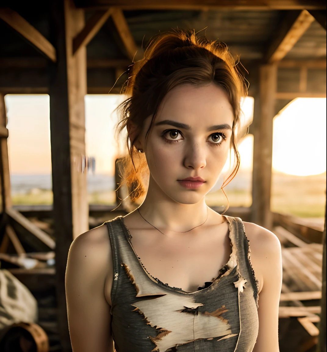 foto hiper real de ((woman inside a cluttered barn wearing sexy worn-out torn cotton tanktop)), ((rosto e olhos realistas detalhados)), Cinematic lighting, 8K resolution, (estilo modelshoot), Sunset, (De_abaixo:1.4), macio pequeno coberto por (ripped torn cotton tanktop), Seios naturais