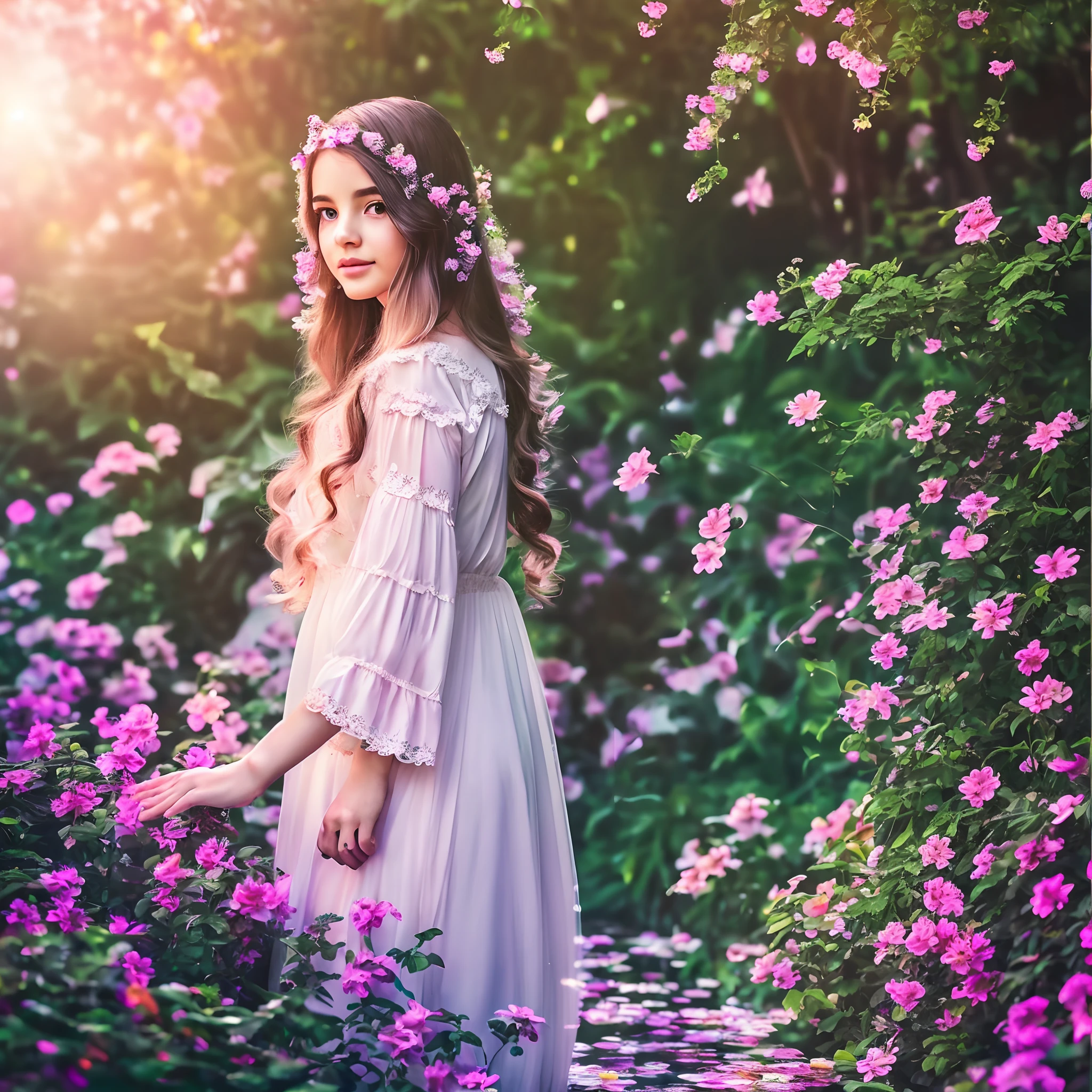 (aesthetic,fantasy,artwork:1.1),vibrant colors,illustration,detailed floral patterns,majestic,enchanted garden,fairytale environment,glowing lights,ethereal atmosphere,soft pastels,dream-like,impressive artwork,fine details,exquisite complexity,delicate brushstrokes,botanical elements,fashionable girl,lush vegetation,delicate butterflies,serene expression,reflective eyes,wavy hair flowing in the wind,luminous background,magical,romantic sunset,pensive mood,innocence,whimsical style,peaceful vibes,dreamy garden scenery,imagination,Majestic,open air,Creativity of art,Abundant vegetation,Detailed floral patterns,Tales Environment,glowing lights,Dreamlike atmosphere,Virtual world,Superior Detail,Art creates fine feedback lines,Plant elements,Fashion girl,Rich Candy,Delicate butterflies,Calm expression,eyes reflection,,Molted hair flowing again,Glossy background,Charming, Sunset Romance,Meditative mode,Innocence,Strange style,Peaceful atmosphere,Exciting garden scenes,fantaisie --auto