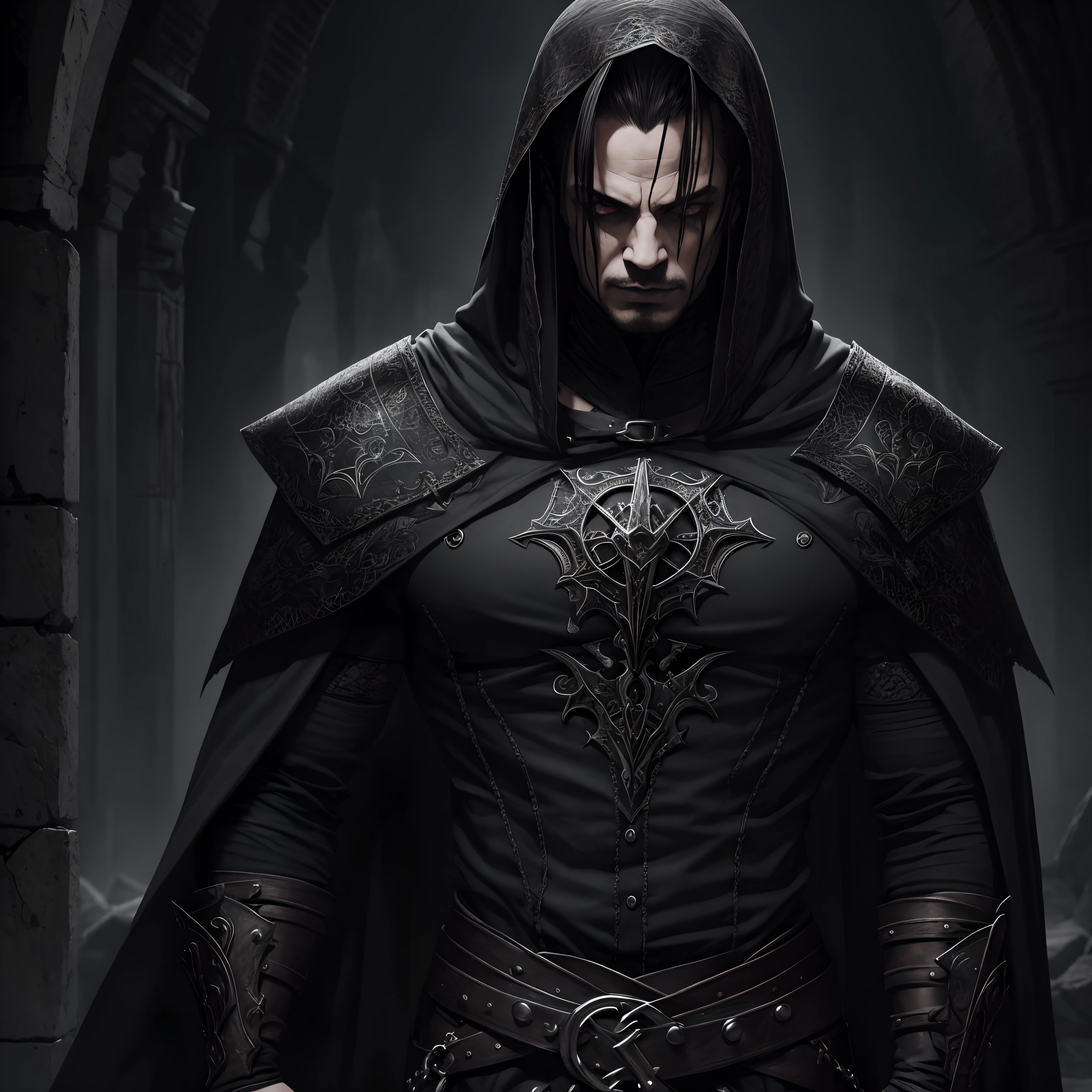 An epic wallpaper of a man, Vampiro, gothic style, cabelos pretos, armadura de couro escuro, aldeia, Sombras, olhos vermelhos escuros, artes de salpicos, aesthetic for Tshirt design, altamente detalhado, medieval, darkeness, sangue