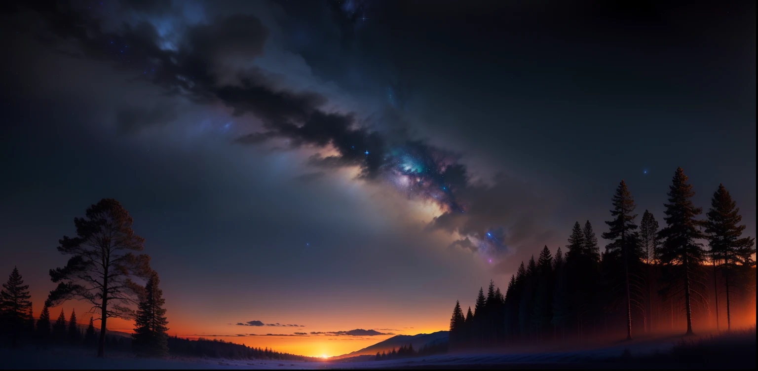 Pessoa na marge de lago, em meio a floresta cercada de flores, sky with gleaming galaxies