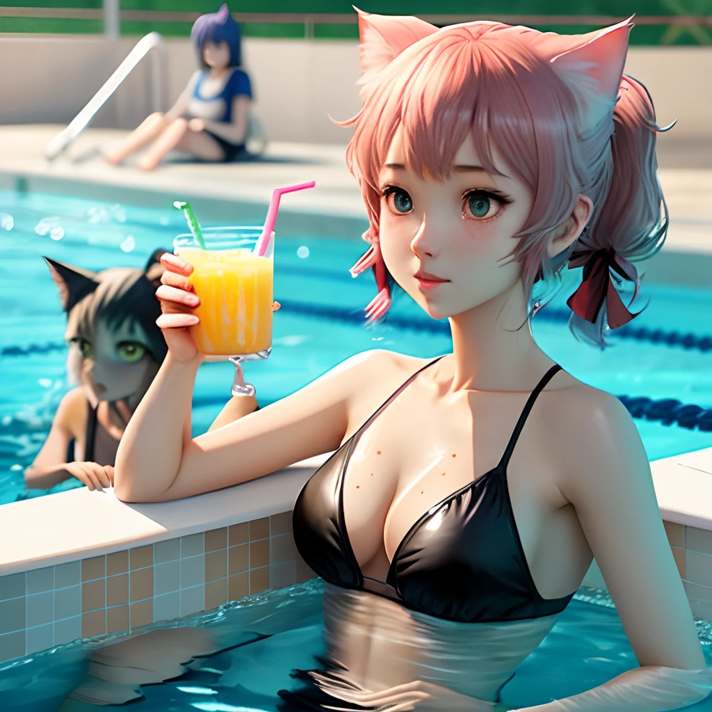 Realistic 3d Style anime and manga club wirh girls in a pool drink juice, a hot day, cat ears in the girls