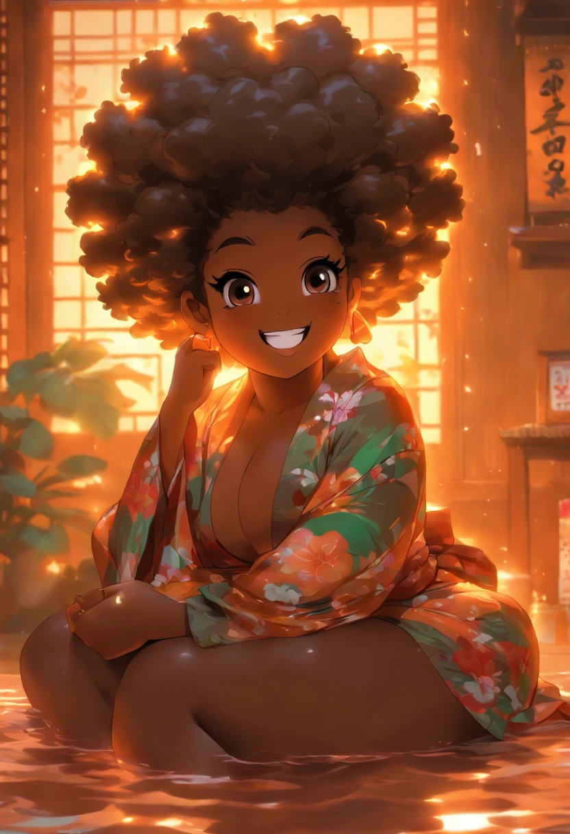 chubby afro girl wearing kimono, big huge boobs, big round ass, very dark skin, sitting in bedroom, wet shiny skin, sensual smile, flirty, sexy, nsfw, short curly afro,