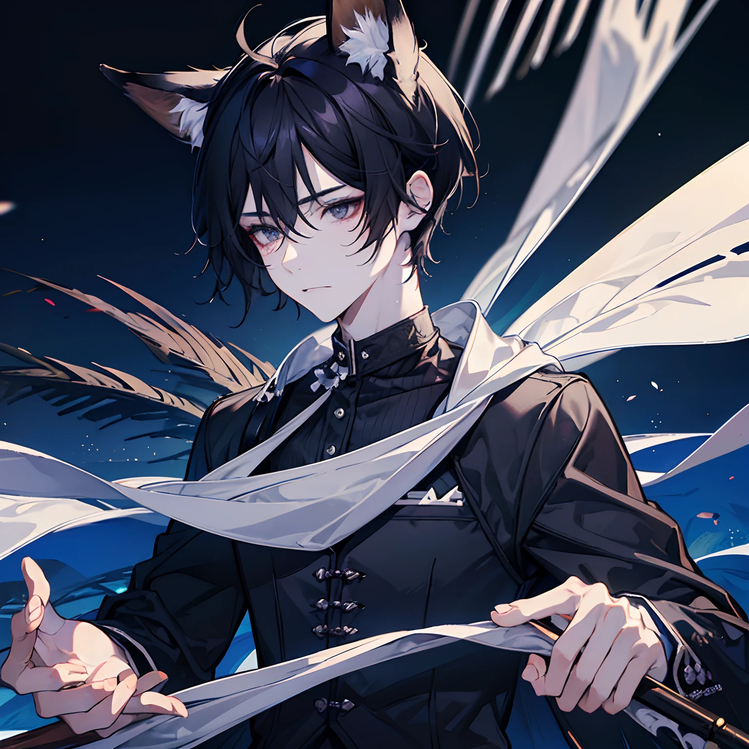 orelhas de animal, orelhas de jackal, ears, animal ears, fox ears boy with person with skeleton makeup, jackal ears, black jackal ears, masculine features, feminine features, black eyes, tired eyes, black hair, cropped hair, medium hair