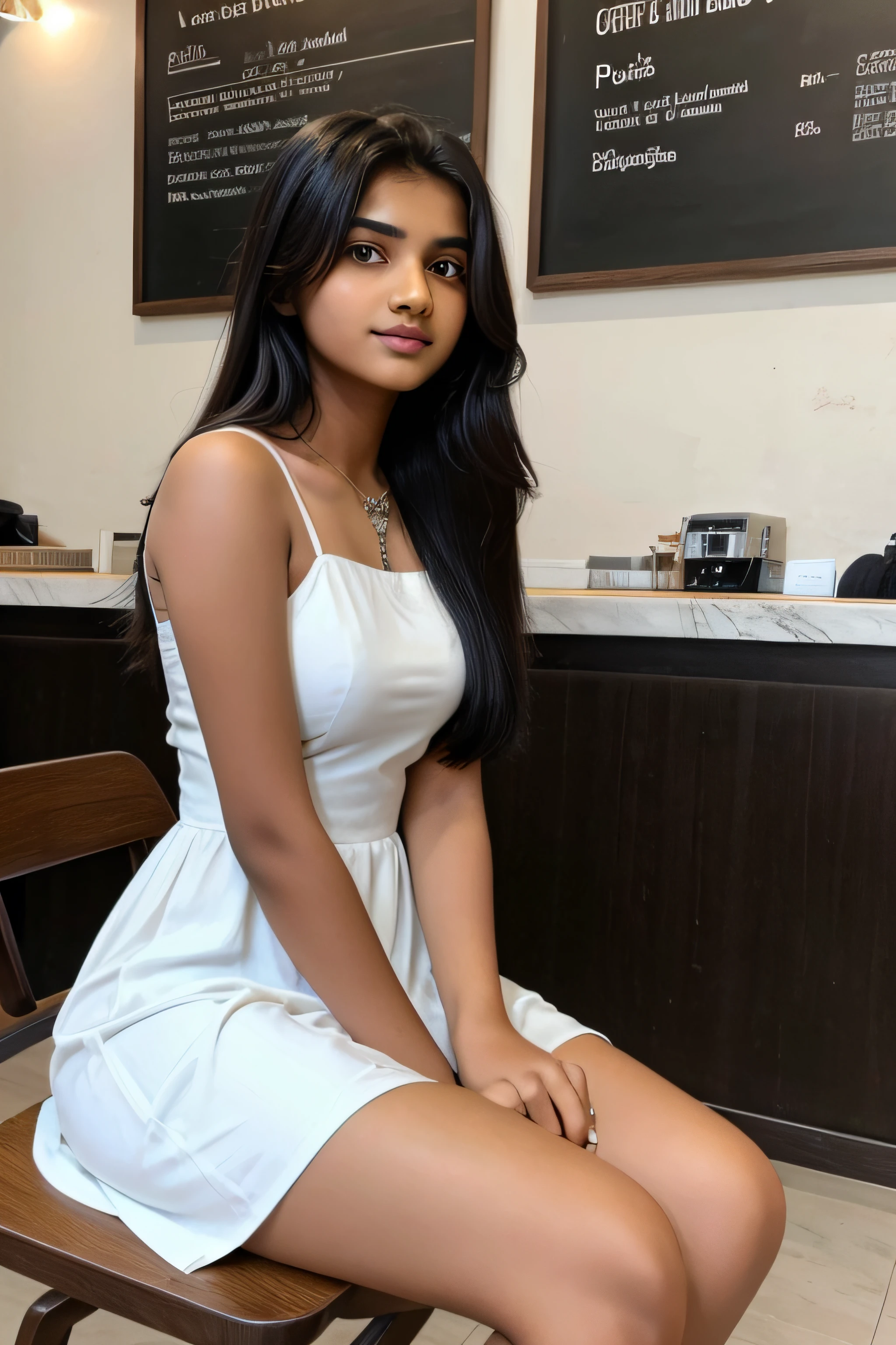 indian  girl with long black color, sitting in cafe, in white dress