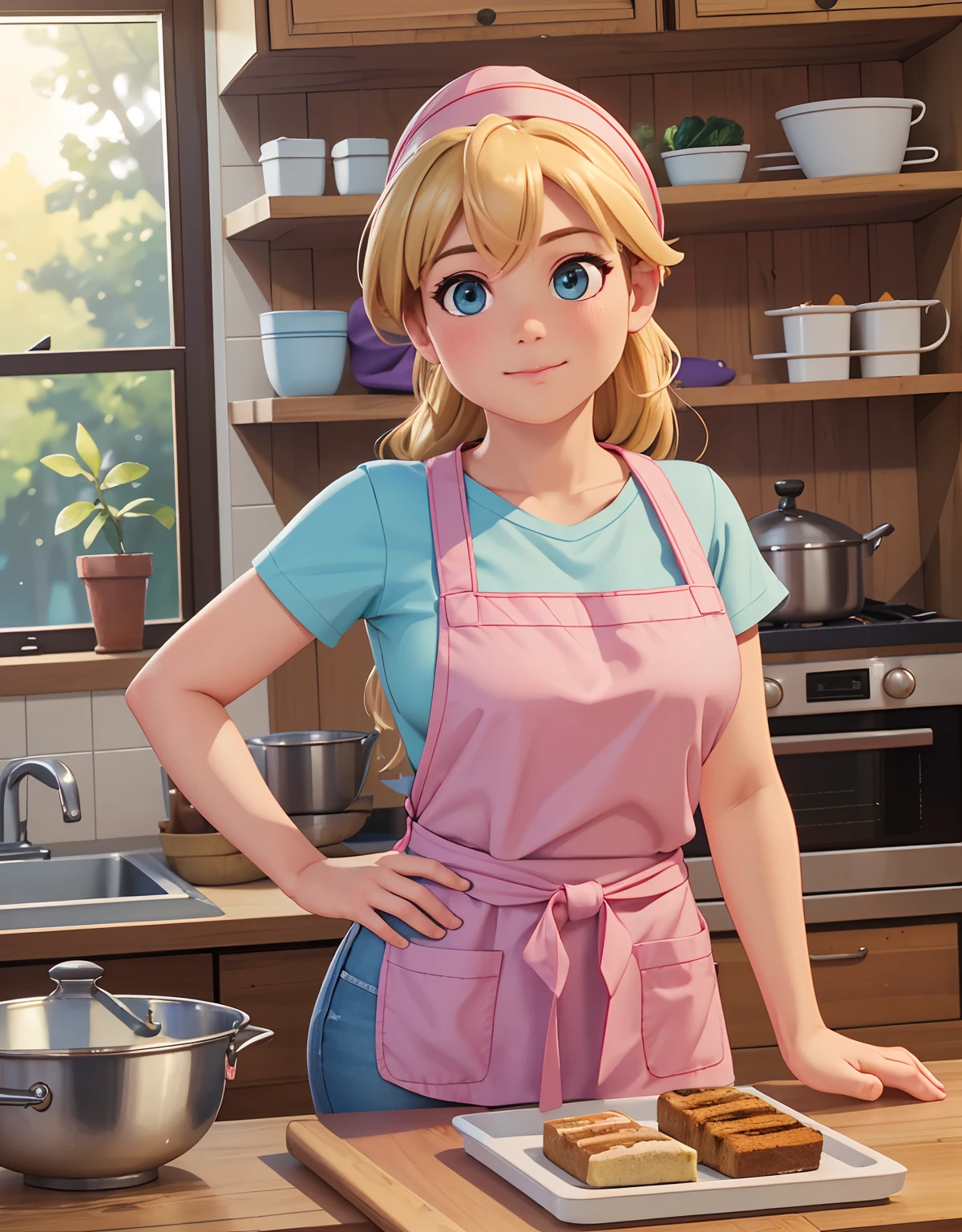 (best quality,4k,8k,highres,masterpiece:1.2),ultra-detailed,(realistic,photorealistic,photo-realistic:1.37),HDR,UHD,studio lighting,ultra-fine painting,sharp focus,physically-based rendering,extreme detail description,professional,vivid colors,bokeh,Robot Housewife, milf, blonde hair, ahoge, blue eyes, pink t-shirt, pink bandana, blue jeans, green/white plaid apron, mechanical hands, cooking