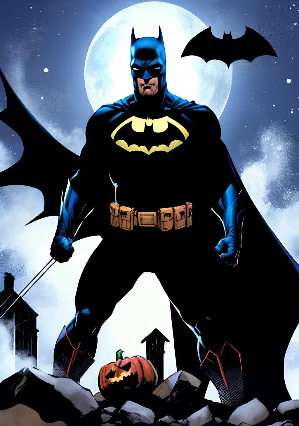Halloween estilo DC Comics by Jim lee, Batman na festa do Halloween, batman sorrindo, batman brincando com um fantasma