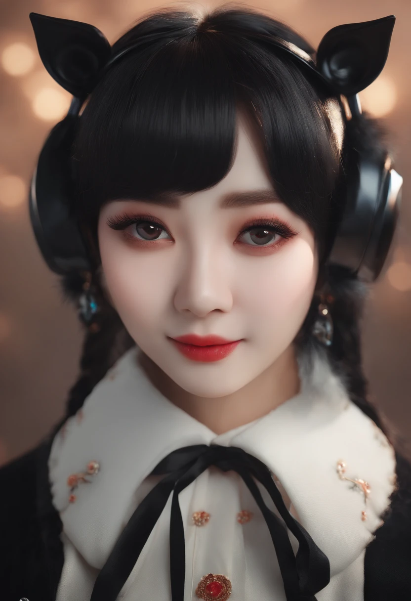 black hair, hair bobbles, wince, longeyelashes, solid circle eyes, fake animal ears, light smile, ear blush, fang, Surrealism, drop shadow, anaglyph, stereogram, tachi-e, pov, atmospheric perspective, 8k, super detail, ccurate, best quality