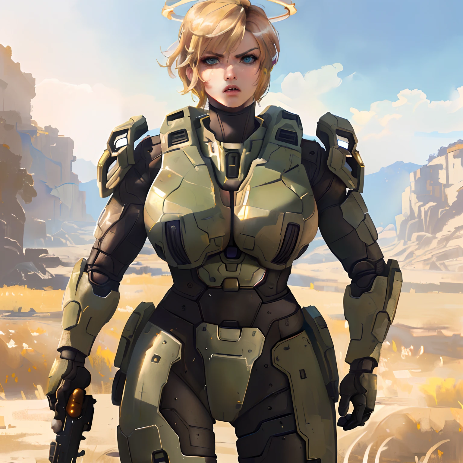 Details: (((((masterpiece))), best quality, cowboy shot, perfect anatomy, (detailed face), outdoors, sunny, warm sunlight, (((realistic faces))), realistic anatomy, painterly)) Woman: ((perfect eyes))(1girl, power armor, muscular, strong, tomboy, solo, large breasts, massive breasts, short hair, blonde hair, ((gun)), angry, ((spartan (halo)))