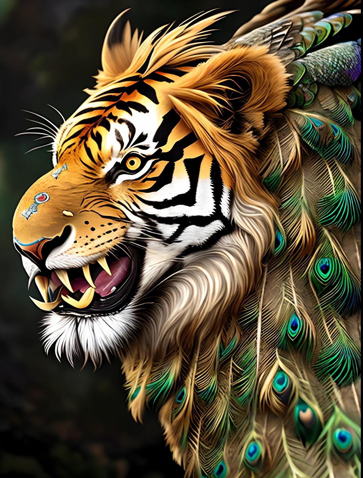 Griffon but replace eagle parts with a peacock and replace lion parts with a tiger