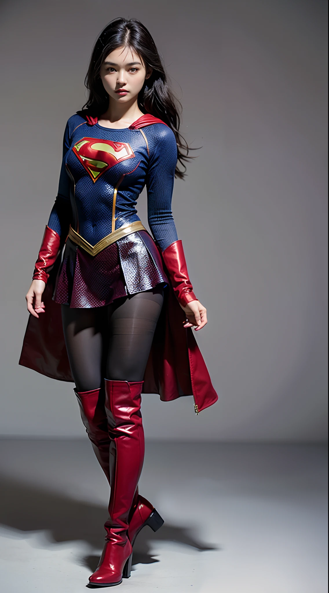 A BUSTY SEXY FEMALE WITH MEDIUM LONG MESSY BLACK HAIR, DREAMY GREEN EYES, WEARING A ONE PIECE BLACK SUPERGIRL TOP WITH A BIG SHINY SILVER "S" EMBLEM ON HER CHEST, A PLEATED SHORT BLACK SKIRT WITH A SILVER LEATHER BELT, LONG BLACK BOOTS WITH SILVER TRIM, AND A LONG BLACK CAPE. RED LIPSTICK, RED FINGERNAILS. INCREDIBLY DETAILED GLOWING SKIN, INCREDIBLEY DETAILED FACE, INCREDIDBLEY DETAILED CLOTHING, TEXTURED SKIN PORES, TEXTURED HAIR, 8K ABSURD RESOLUTION, MASTERPIECE. PHOTO REALSITIC, HYPER REALISTIC. CHAOTIC BACKGROUND. 16K RESOLUTION. PREFESSIONAL GRADE IMAGE.
