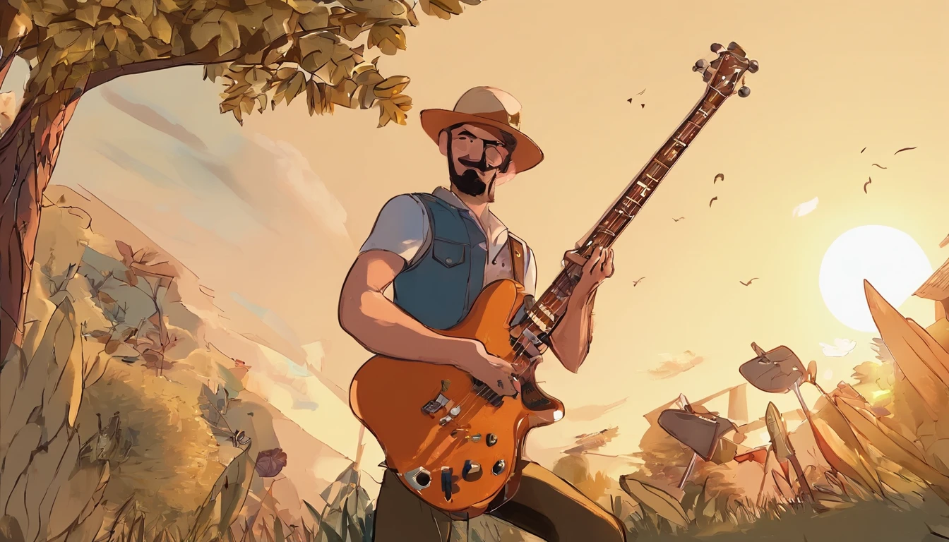 Crie uma imagem de uma banda de Rock no estilo 3Drenderizado. Sendo 3 homens um baixinho, loiro com cabelo arrepiado, sem barba e tocando uma guitarra preta e cantando, gritando no microfone. Outro homem com cabelo castanho claro, bem curto e sem franja, with a short beard and moustache and with a tattoo on his left and right arm, Being drawing a tree and playing a black electric bass. The third man is brunette with white hair, sem barba e bem gordo tocando uma bateria branca. Incluir com destaque o nome da banda "LOPES"
