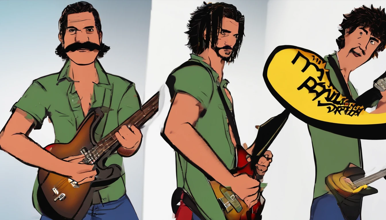 Crie uma imagem de uma banda de Rock no estilo 3Drenderizado. Sendo 3 homens um baixinho, loiro com cabelo arrepiado, sem barba e tocando uma guitarra preta e cantando, gritando no microfone. Outro homem com cabelo castanho claro, bem curto e sem franja, with a short beard and moustache and with a tattoo on his left and right arm, Being drawing a tree and playing a black electric bass. The third man is brunette with white hair, sem barba e bem gordo tocando uma bateria branca. Incluir com destaque o nome da banda "LOPES"