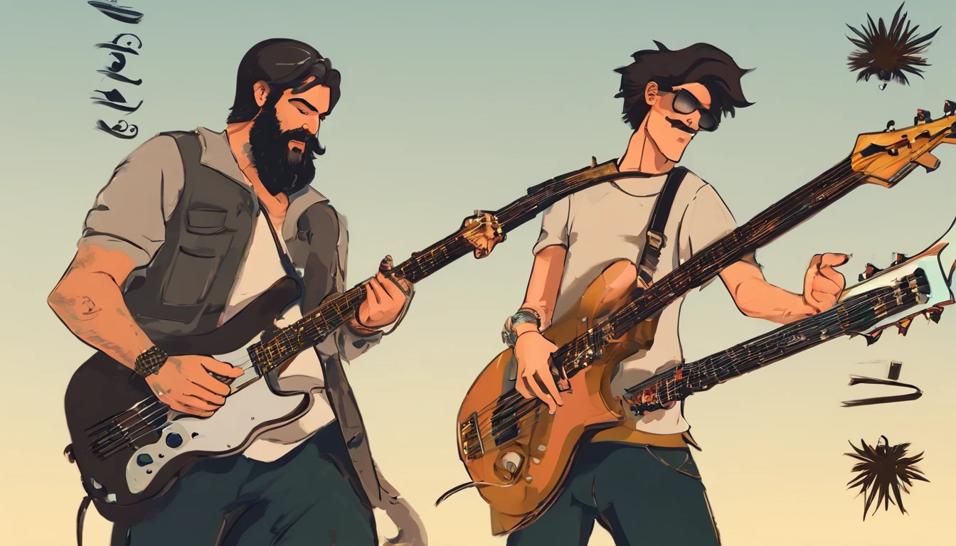 Crie uma imagem de uma banda de Rock no estilo 3Drenderizado. Sendo 3 homens um baixinho, loiro com cabelo arrepiado, sem barba e tocando uma guitarra preta e cantando, gritando no microfone. Outro homem com cabelo castanho claro, bem curto e sem franja, with a short beard and moustache and with a tattoo on his left and right arm, Being drawing a tree and playing a black electric bass. The third man is brunette with white hair, sem barba e bem gordo tocando uma bateria branca. Incluir com destaque o nome da banda "LOPES"