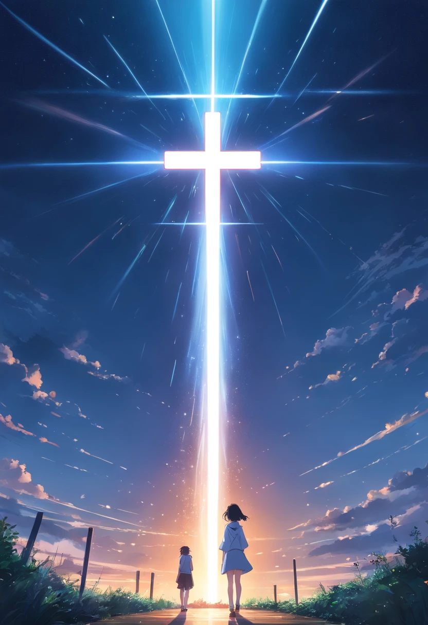 White cross, beaming light, black void