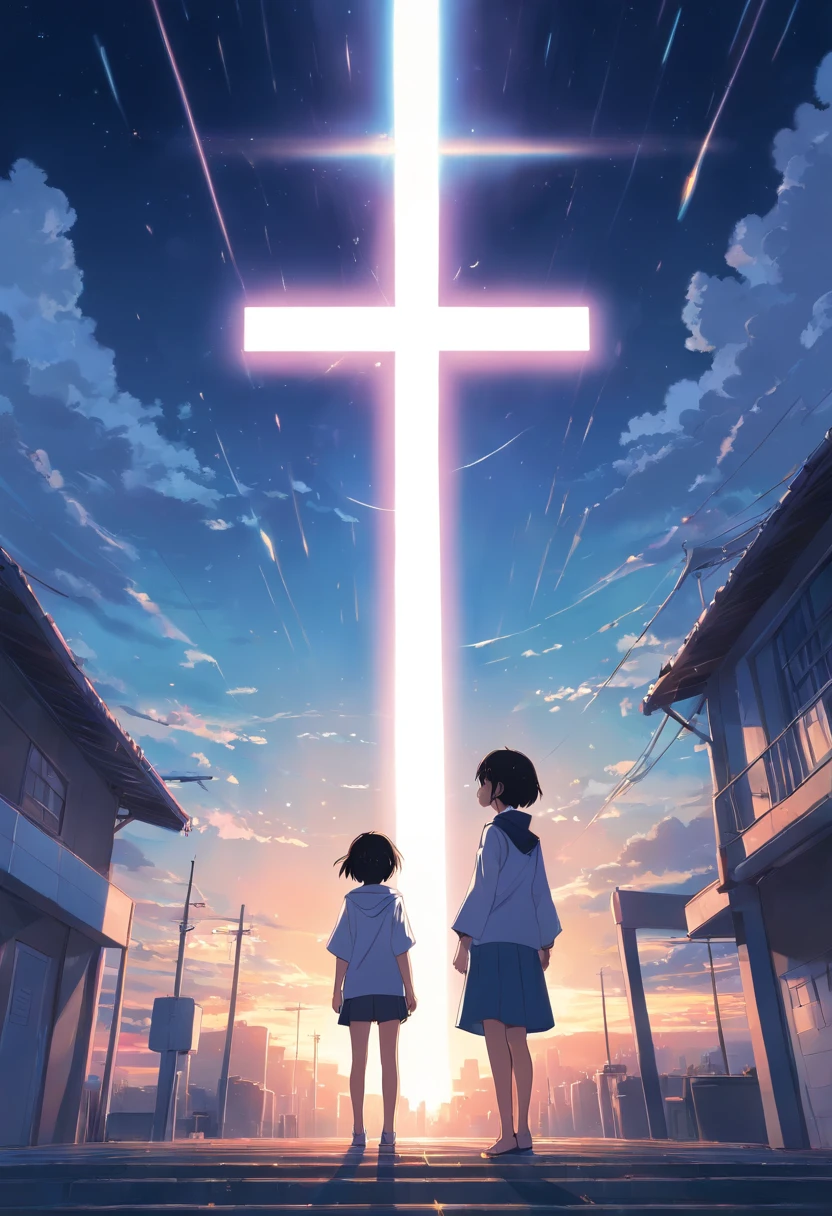 White cross, beaming light, black void
