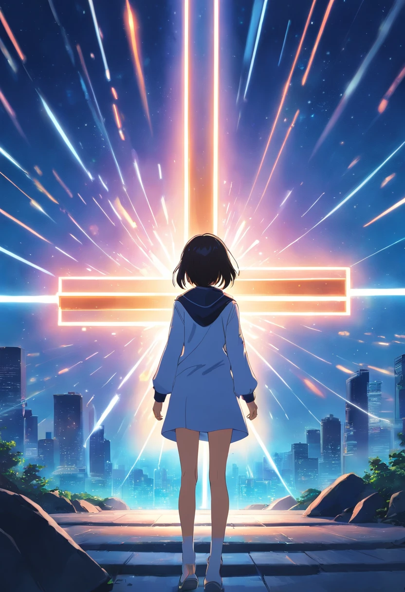 White cross, beaming light, black void