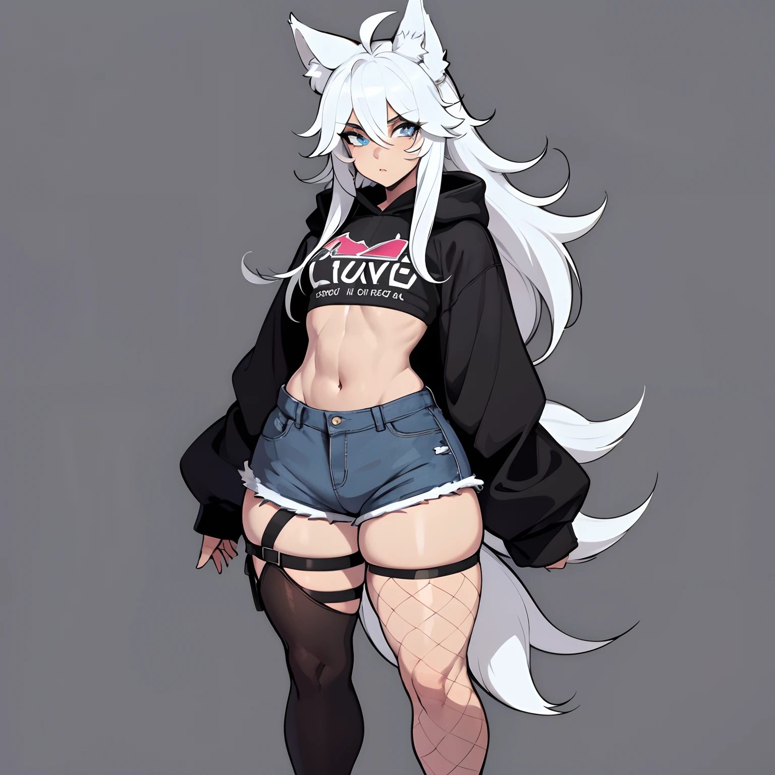 male, Short, has Long white hair, has wolf ears, has wolf tail, has blue eyes, wearing denim short shorts, thigh high fishnets, black combat boots, wearing cropped black hoodie, flat chest, super flat chest, solo femboy, only one femboy ((FLAT CHEST)) (ALONE)(SOLO) Alone, solo, wide hips, thicc thighs, male, is male