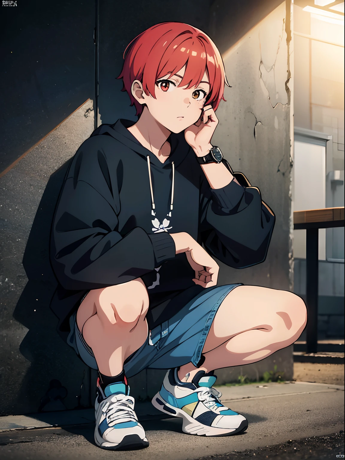 : A young woman marylin monroe seated against a dark red wall on what appears to be a textured floor. She is wearing a brown jacket adorned with a patch, paired with white crew socks that have red stripes, and classic-styled sneakers. Her expression is contemplative or possibly fatigued, resting her cheek on her hand. A white shoulder bag lies beside her, suggesting a casual or street-style.