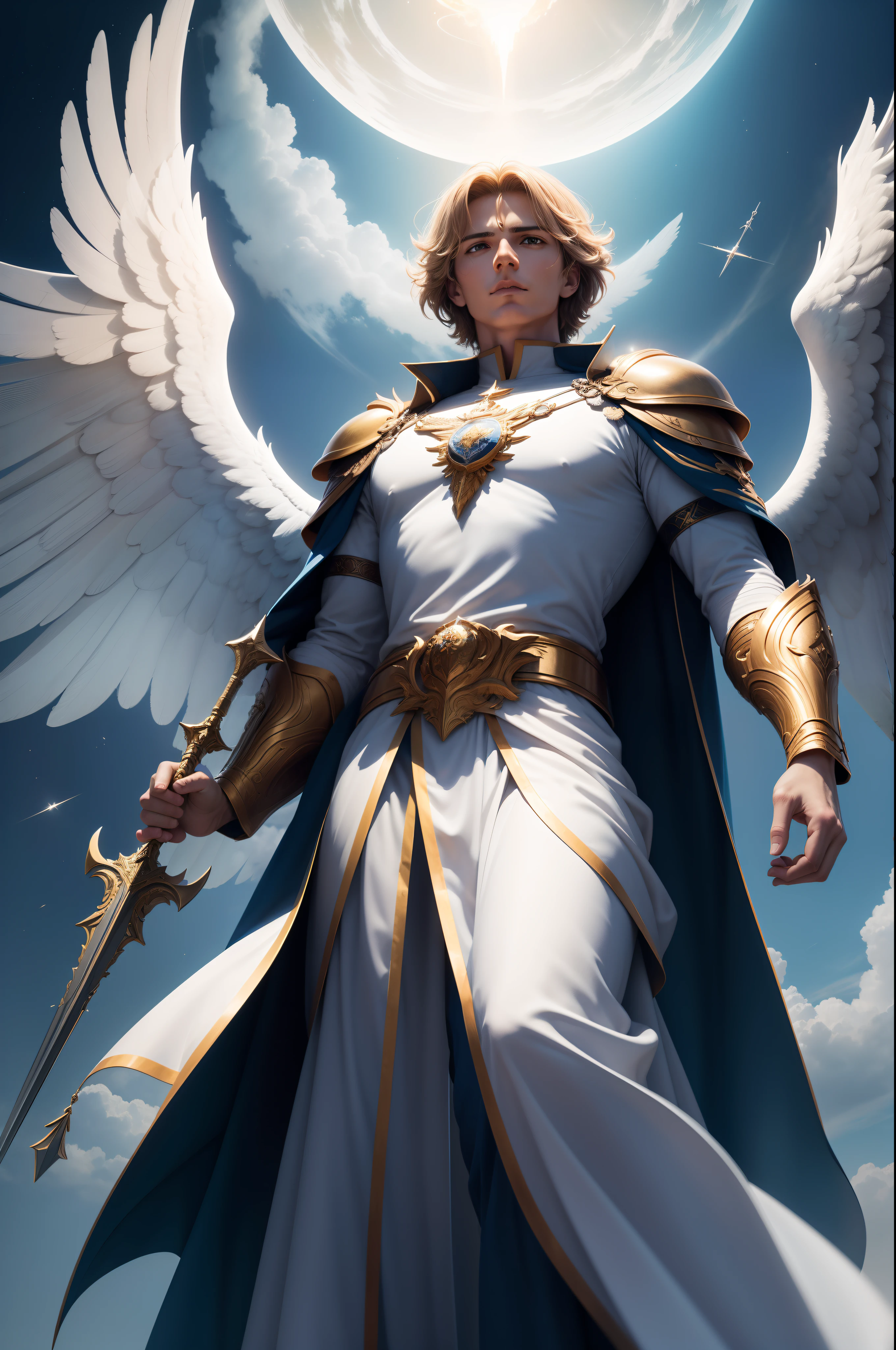 A woman with a sword and wings standing in front of a full moon - SeaArt AI