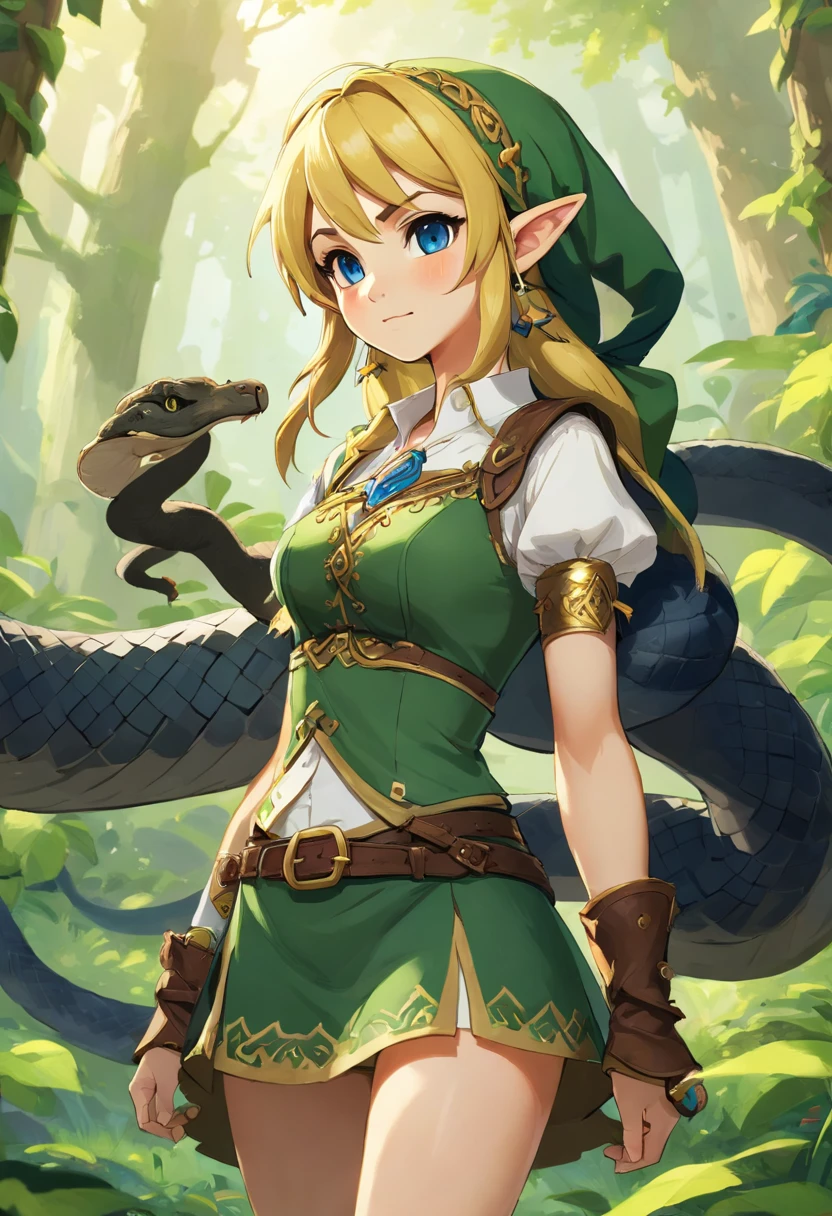 Masterpiece, 4k, best quality, highly detailed, full-body image of one female steampunk elf restrained by a big black snake, jungle, realistic material, photo realistic shading, evening, scared eyes, two arms, two legs, in the style of ian mcque, temmie chang, romanticized depictions of wilderness