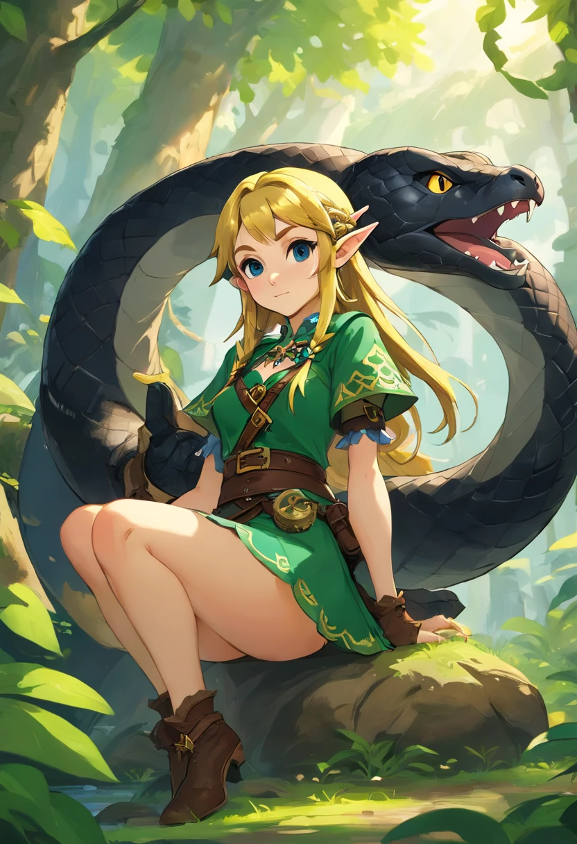 Masterpiece, 4k, best quality, highly detailed, full-body image of one female steampunk elf restrained by a big black snake, jungle, realistic material, photo realistic shading, evening, scared eyes, two arms, two legs, in the style of ian mcque, temmie chang, romanticized depictions of wilderness