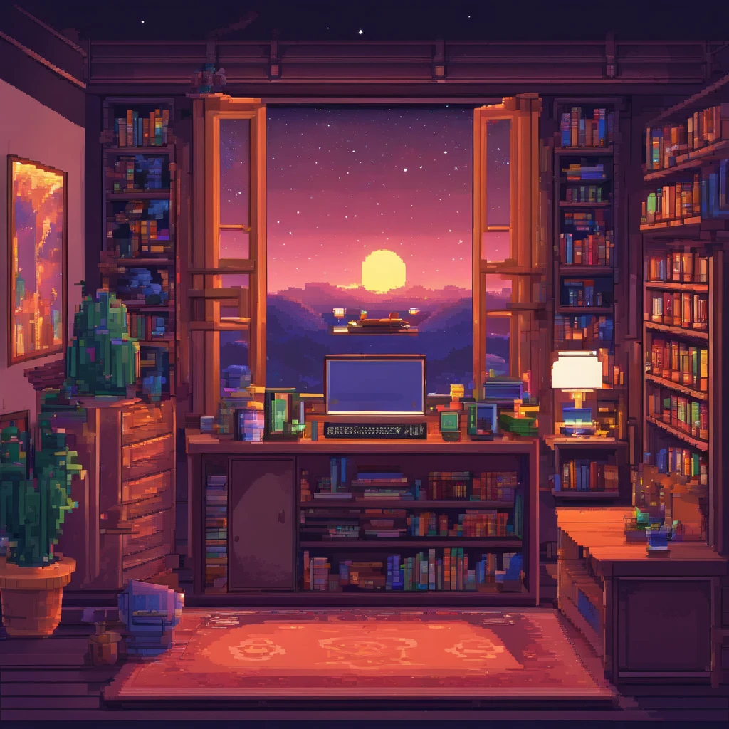 A beautiful gamer room with lots of décor, photos and books and an open window for a night view in a starry sky with no character in the room