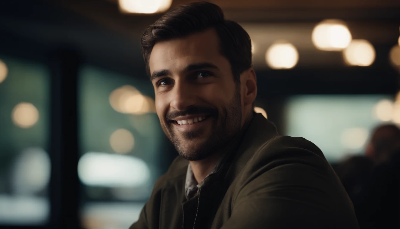 Smiling man looking over his shoulder and staring at the screen