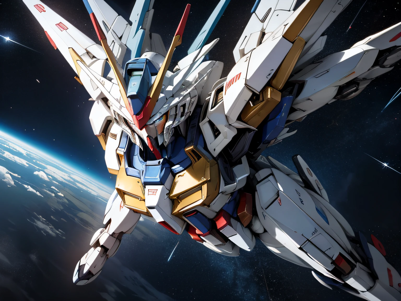 BlueZGundam、Mobile Suit Gundam、flying in space、Beautiful stars and earth background、