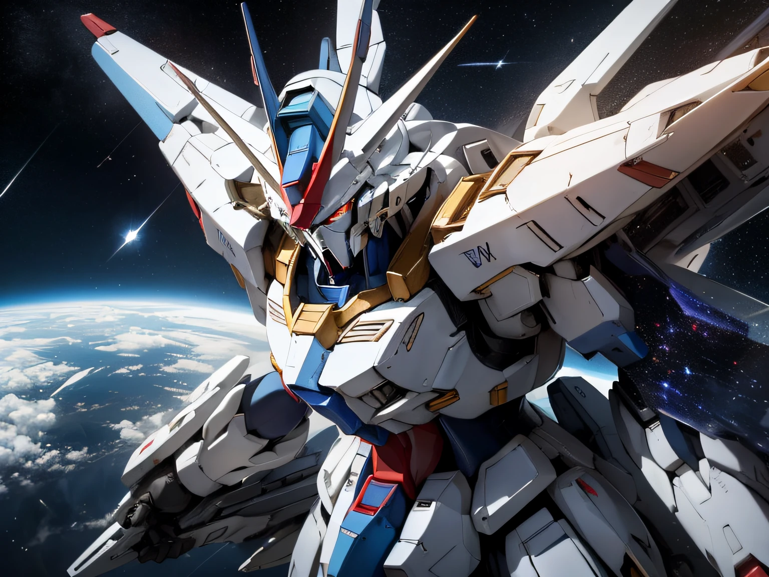 BlueＺGundam、Mobile Suit Gundam、flying in space、Beautiful stars and earth background、