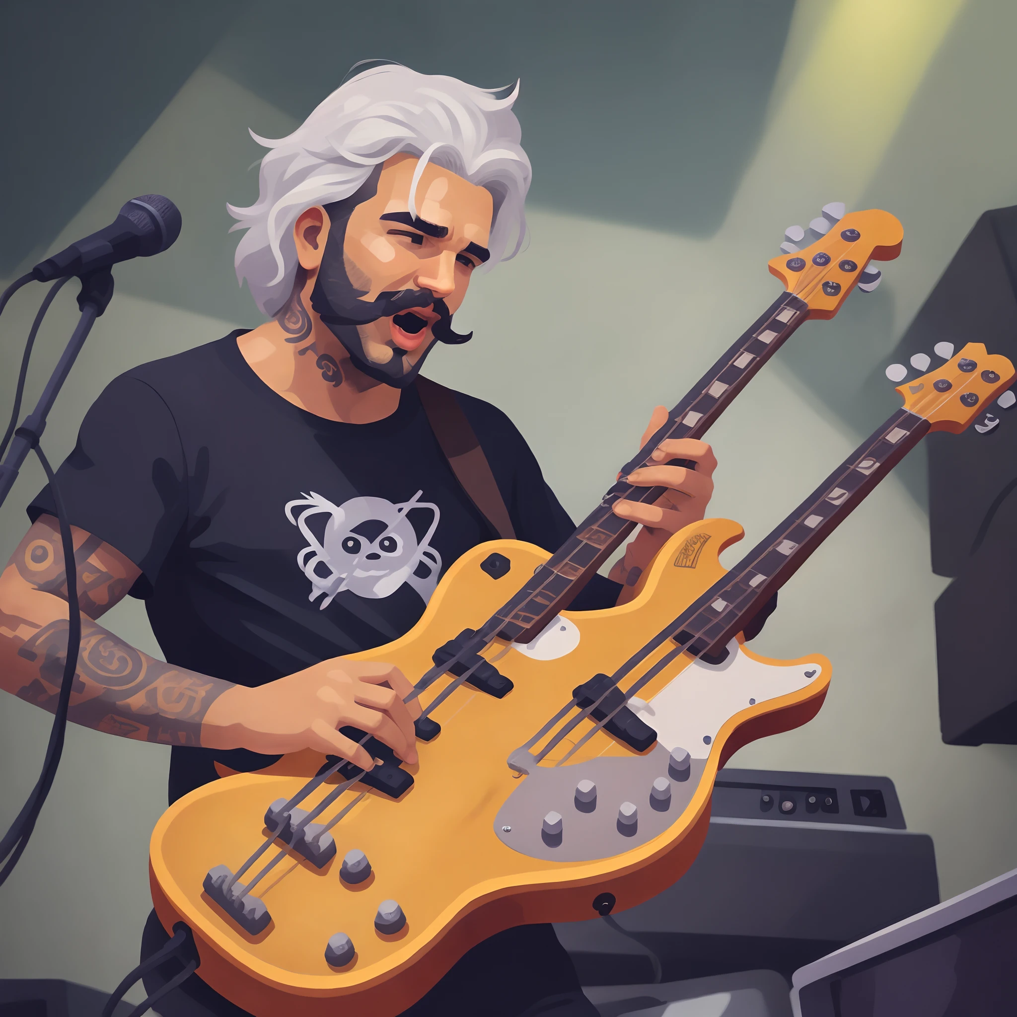 Crie uma imagem de uma banda de Rock. Sendo 3 homens um baixinho, loiro com cabelo arrepiado, sem barba e tocando uma guitarra preta e cantando, gritando no microfone. Outro homem com cabelo castanho claro, bem curto e sem franja, with a short beard and moustache and with a tattoo on his left and right arm, Being drawing a tree and playing a black electric bass. The third man is brunette with white hair, sem barba e bem gordo tocando uma bateria branca. Incluir com destaque o nome da banda "LOPES"