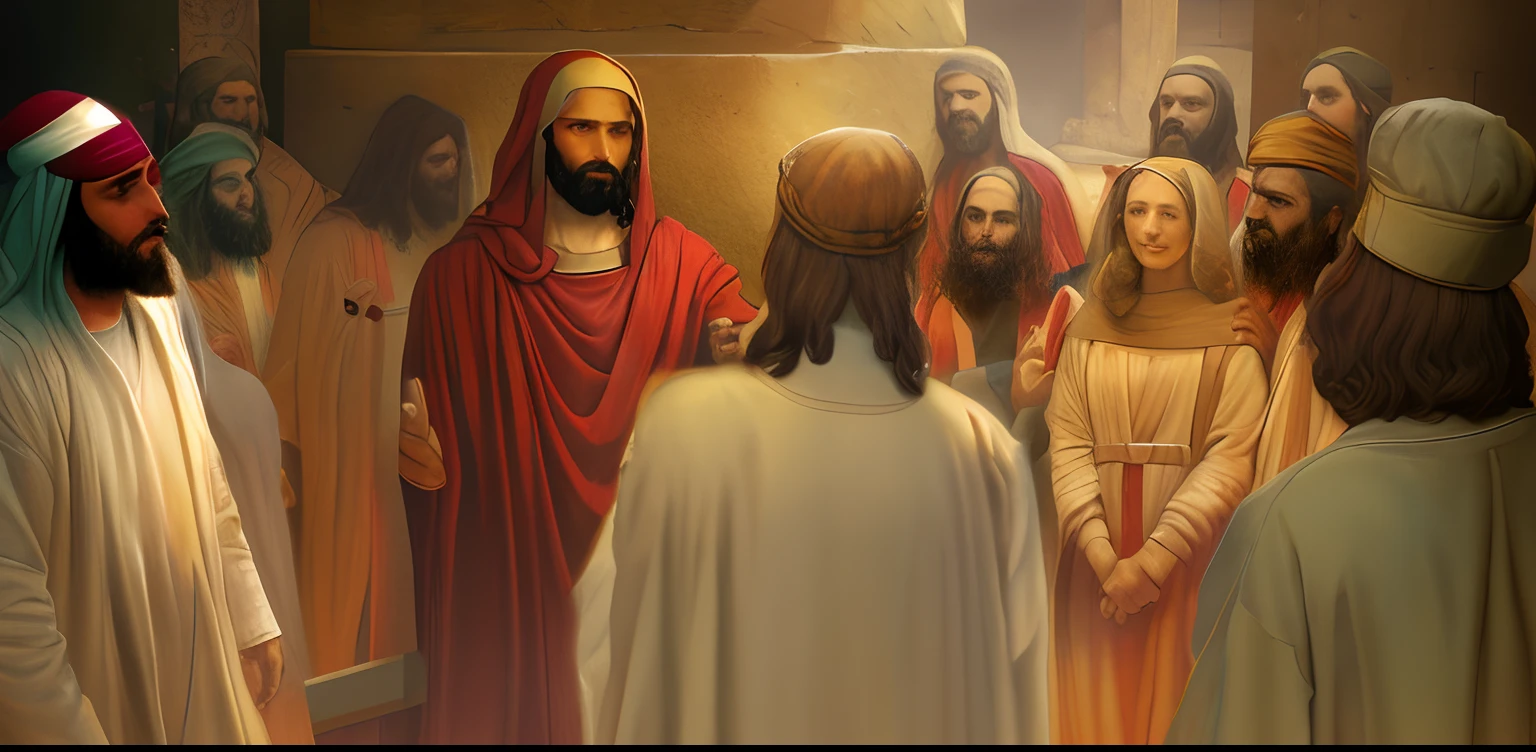 There are many people standing around a man with a beard, cinematic digital painting, cutscene de videogame, arte conceitual emocional, cinematic matte illustration, Cinematic realistic portrait, cutscene, Wojtek FUS, epic cinematic concept art, Kajo Baldisimo e Craig Mullins, Arte conceitual 4K e hiper realismo, Casey Baugh e James Jean, Film painting