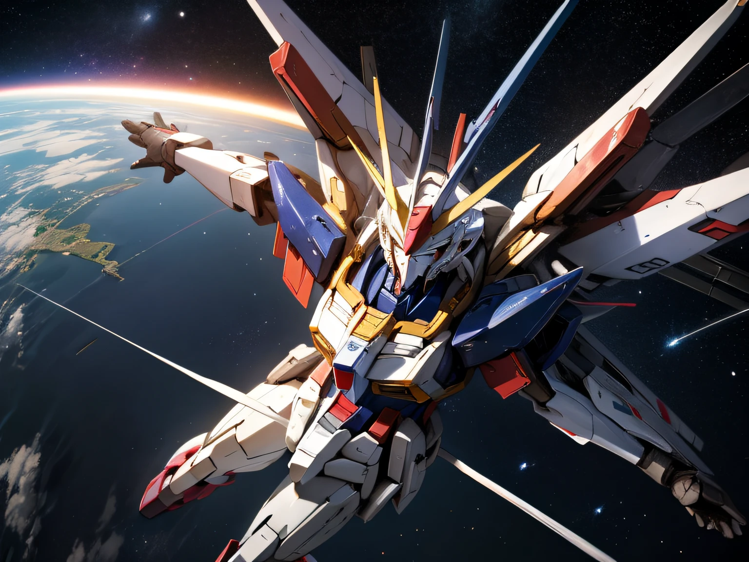 BlueＺGundam、Mobile Suit Gundam、flying in space、Beautiful stars and earth background、