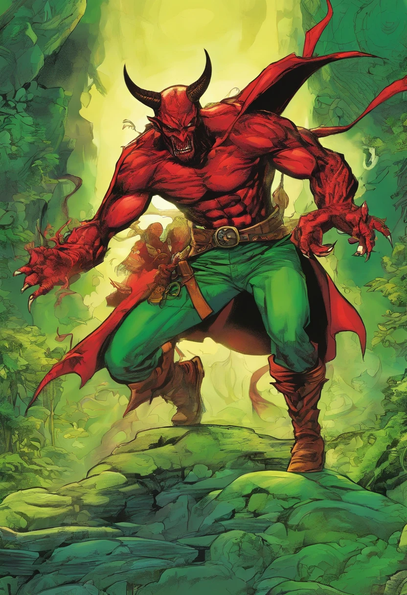 Red skinned green eyes devil three fingers prehensile tail gunslinger