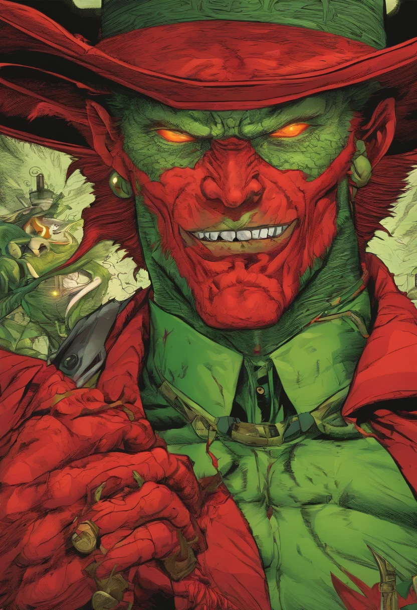 Red skinned green eyes devil three fingers prehensile tail gunslinger