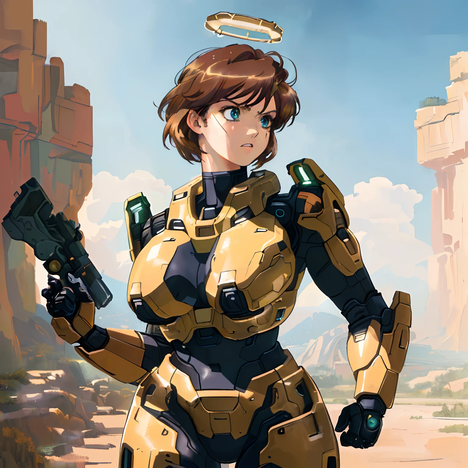 Details: (((((masterpiece))), best quality, cowboy shot, perfect anatomy, (detailed face), outdoors, sunny, warm sunlight, (((realistic faces))), realistic anatomy, retro anime, 90s anime artstyle)) Woman: ((perfect eyes))(1girl, power armor, muscular, strong, tomboy, solo, large breasts, massive breasts, short hair, brown hair, ((gun)), angry, ((spartan (halo)))