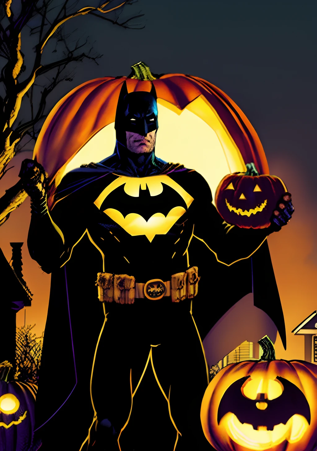 Halloween estilo DC Comics by Jim lee, Batman at Halloween party holding a pumpkin with illuminated Halloween face