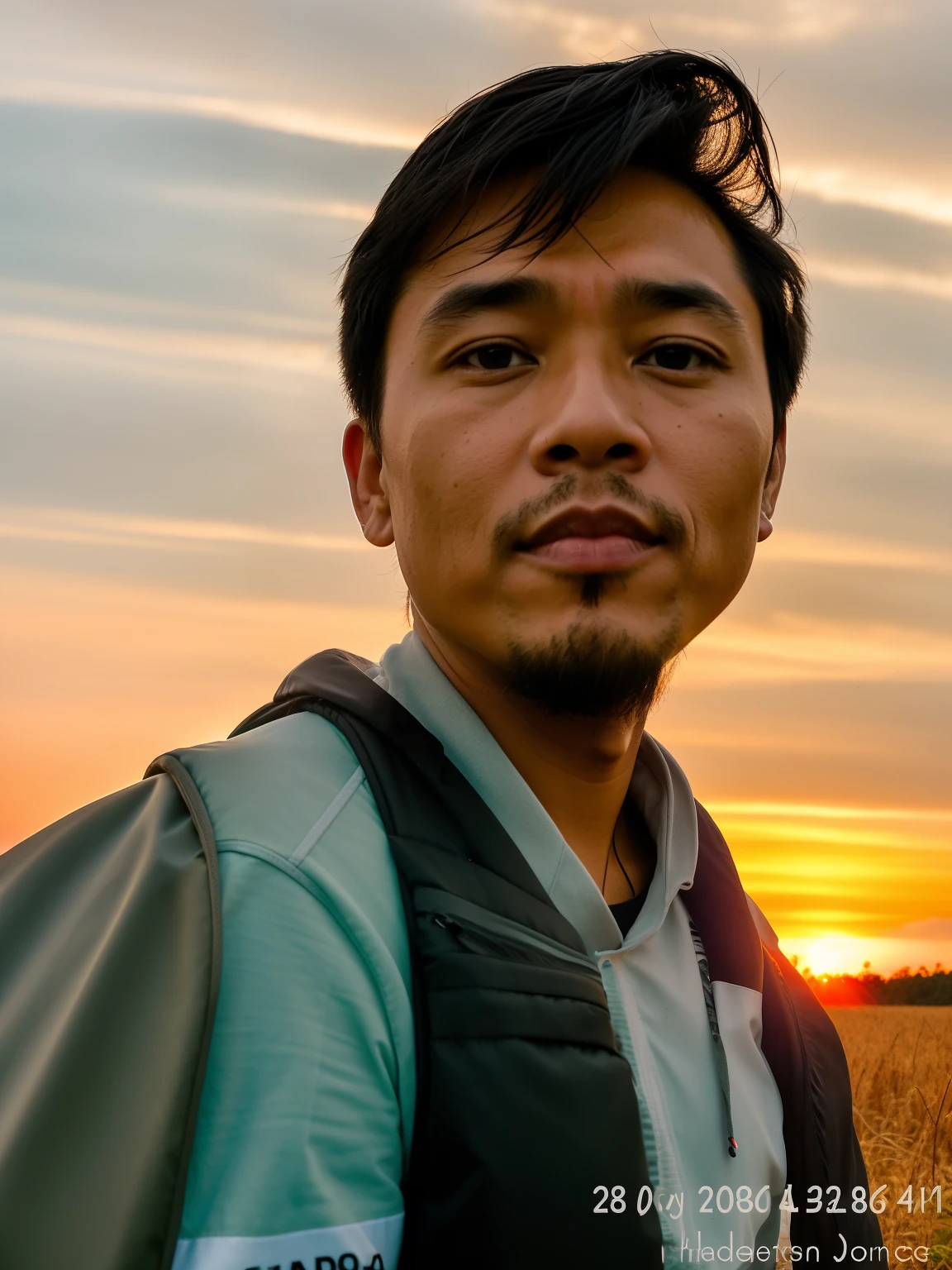 there is a man with a backpack standing in a field, 4 0 years old man, during sunset, ramil sunga, potrait, with accurate face, in front of a forest background, south east asian with round face, 8k selfie photograph, without beard, 2 7 years old, wide - angle portrait, 2 8 years old