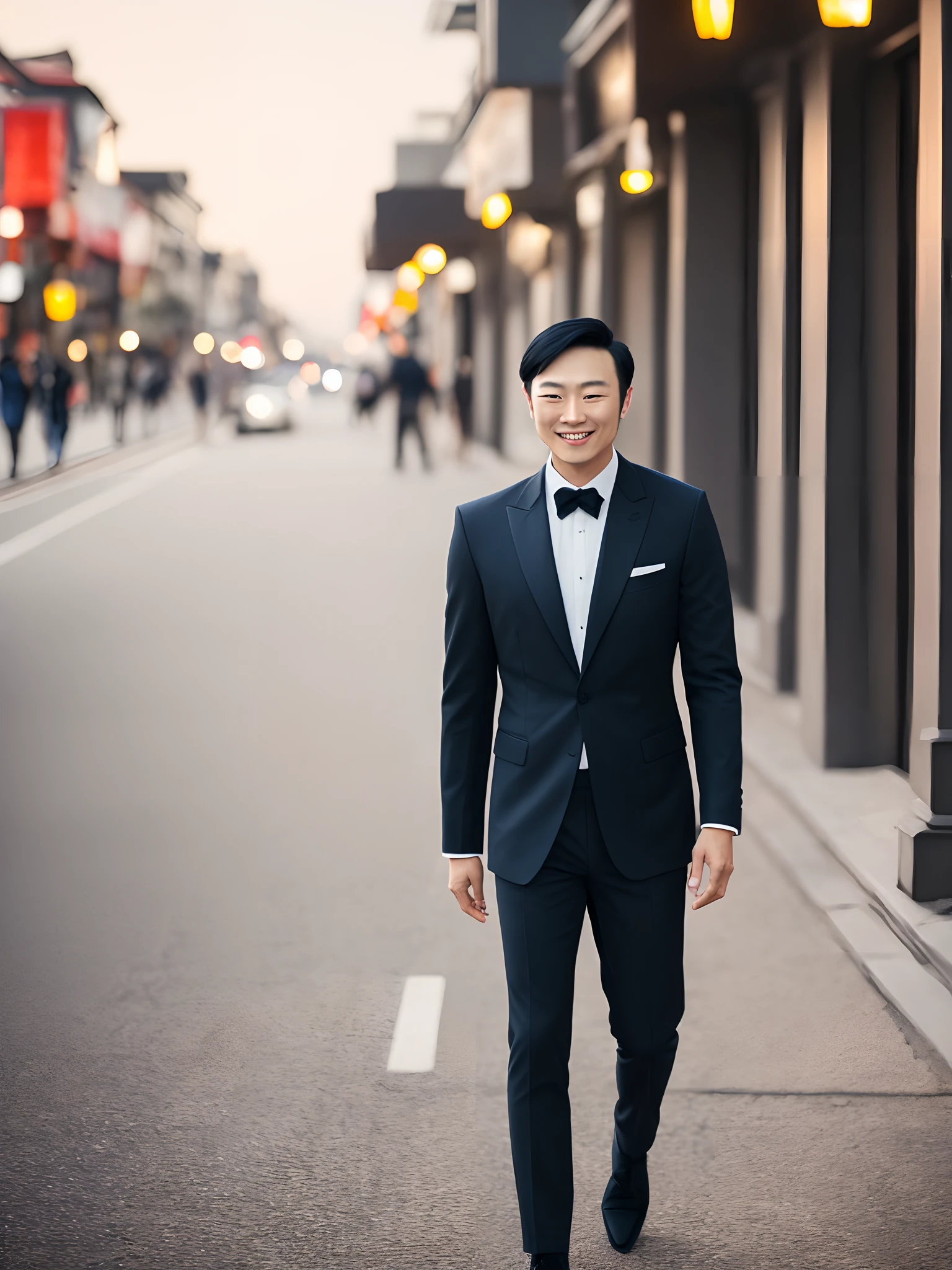 Real image of asian man elegant style,rosto Claro,cabelos escuros,Model style walking down the street at night,Sympathetic smile