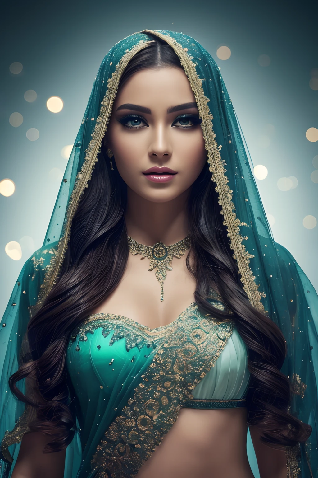 Makeup artists do makeup for celebrities,(Masterpiece:1.2), Best Quality, Masterpiece, hight resolution, Original, extremely detailed wallpaper, perfect lighting,(extremely detailed CGI:1.2), The woman + jade + India + Loving + Splashart Veil, Splashart, League of Legends SplashArt, Art, Brush stroke, Masterpiece, 8K, Ultra Detailed, HD, ((Film grain, bokeh, light particles ,Dust, Extreme camera angle))