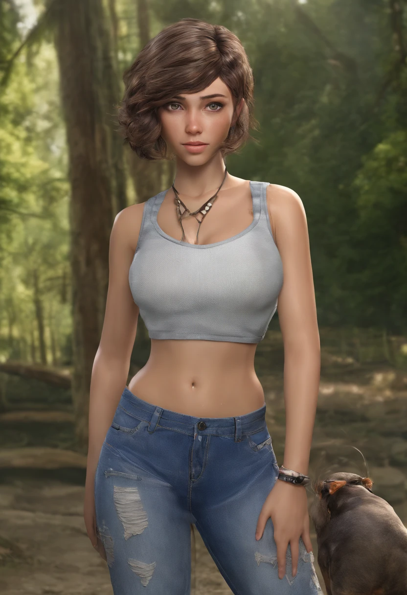 Masterpiece, best quality, short blonde hair, beautiful face, brown eyes, bare chest, big breasts, Black leather shorts, Slender figure, bracelet,  fit, sexy, Standing on the edge of a pond in a tropical forest, summer, 30k, 3d, Exquisite clothing details, high resolution, Cinematic lighting, perfect light, Physics-based rendering